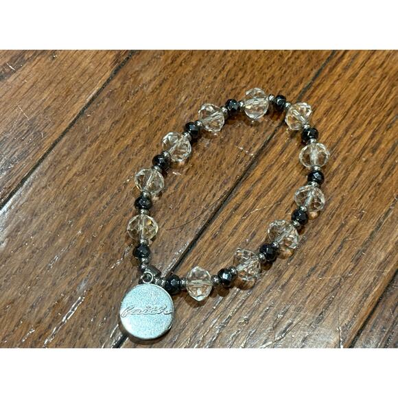 Rustic Cuff Christian Faith Stretch Bracelet Silver & Clear Beads Charm Logo - Picture 13 of 16